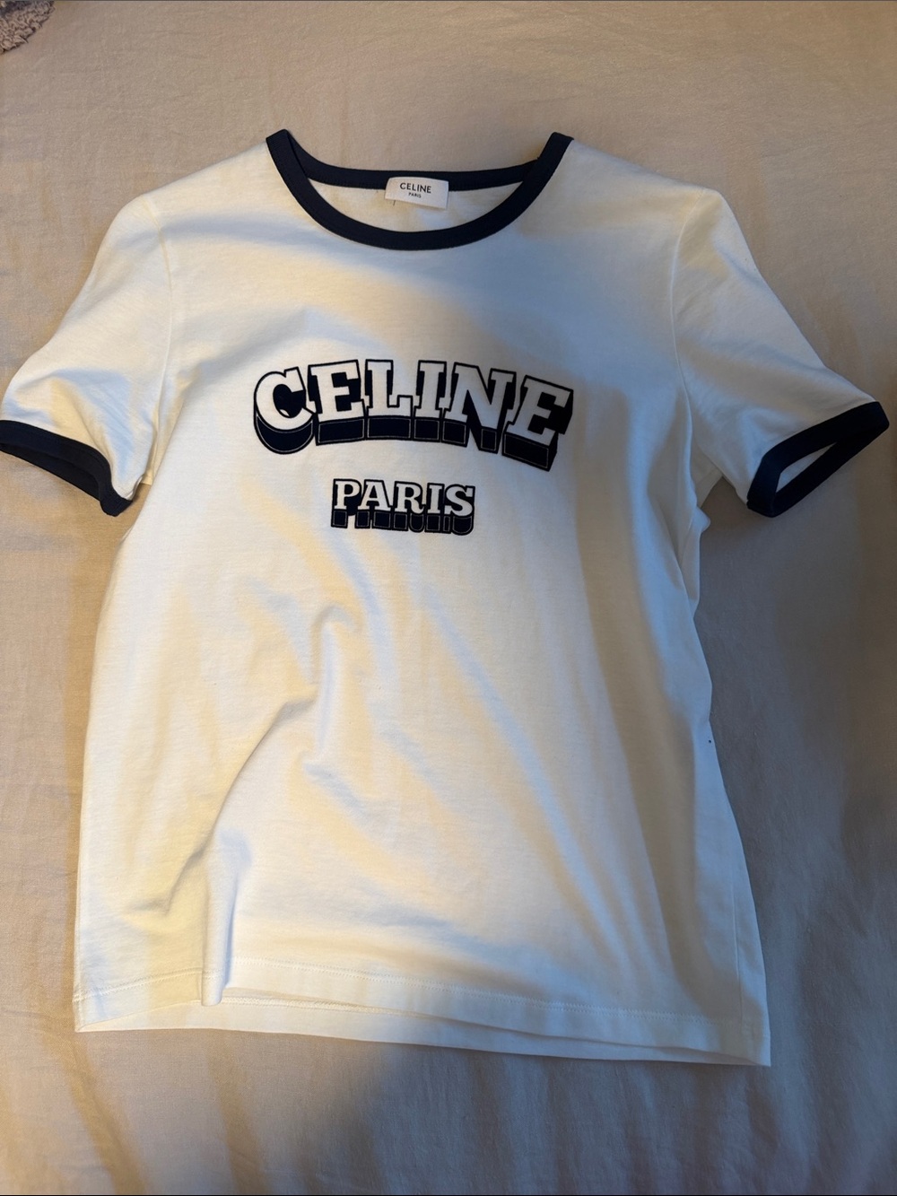 Celine White Tee with Navy Logo Ringer